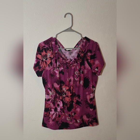 East 5th Tops - East 5th Floral Office Blouse Purple Pink Short Sleeve Size L